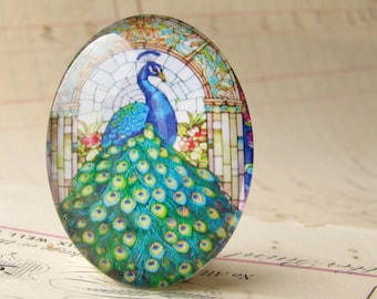 Peacock tail in stained glass, Beautiful Birds, glass oval cabochon, handmade in this shop, 40x30mm, photo image stone