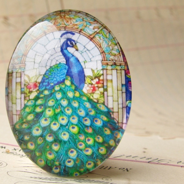 Peacock tail in stained glass, Beautiful Birds, glass oval cabochon, handmade in this shop, 40x30mm, photo image stone