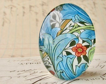 William Morris collection - blue foliage, 40x30mm glass oval cabochon, wallpaper print, handmade in this shop, 40x30, Art Nouveau