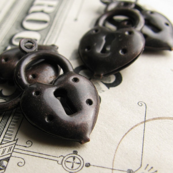 Black brass puffed heart lock charm, oxidized patina 20mm (4 lock charms) black heart charm