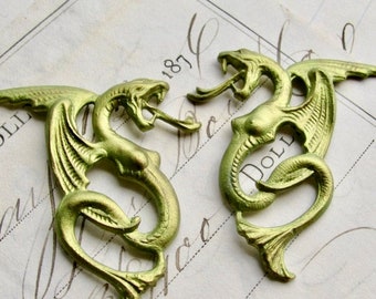 Absinthe female winged serpent pair, 40mm, green patina, left and right brass stampings, flying snake woman, dark magic, mythical creature