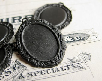 Victorian Mourning 18x13mm oval pendant tray (4 oxidized brass settings) black aged oxidized patina, cabochon base, cameo frame