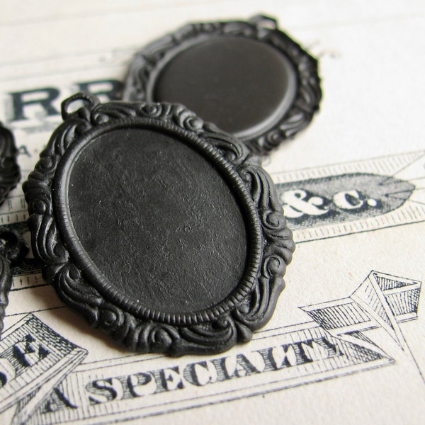 Victorian Mourning 18x13mm oval pendant tray (4 oxidized brass settings) black aged oxidized patina, cabochon base, cameo frame