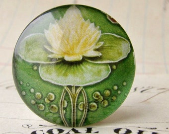 Art Nouveau ceramic tile image under a 25mm round glass cabochon, handmade, inch circle, white yellow water lily flower, photo stone