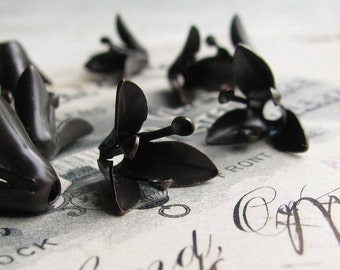 Alstroemeria Lily bead cap, delicate black finding, three flower petals (4 black brass beadcaps) oxidized patina, triple