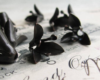 Alstroemeria Lily bead cap, delicate black finding, three flower petals (4 black brass beadcaps) black oxidized patina, triple
