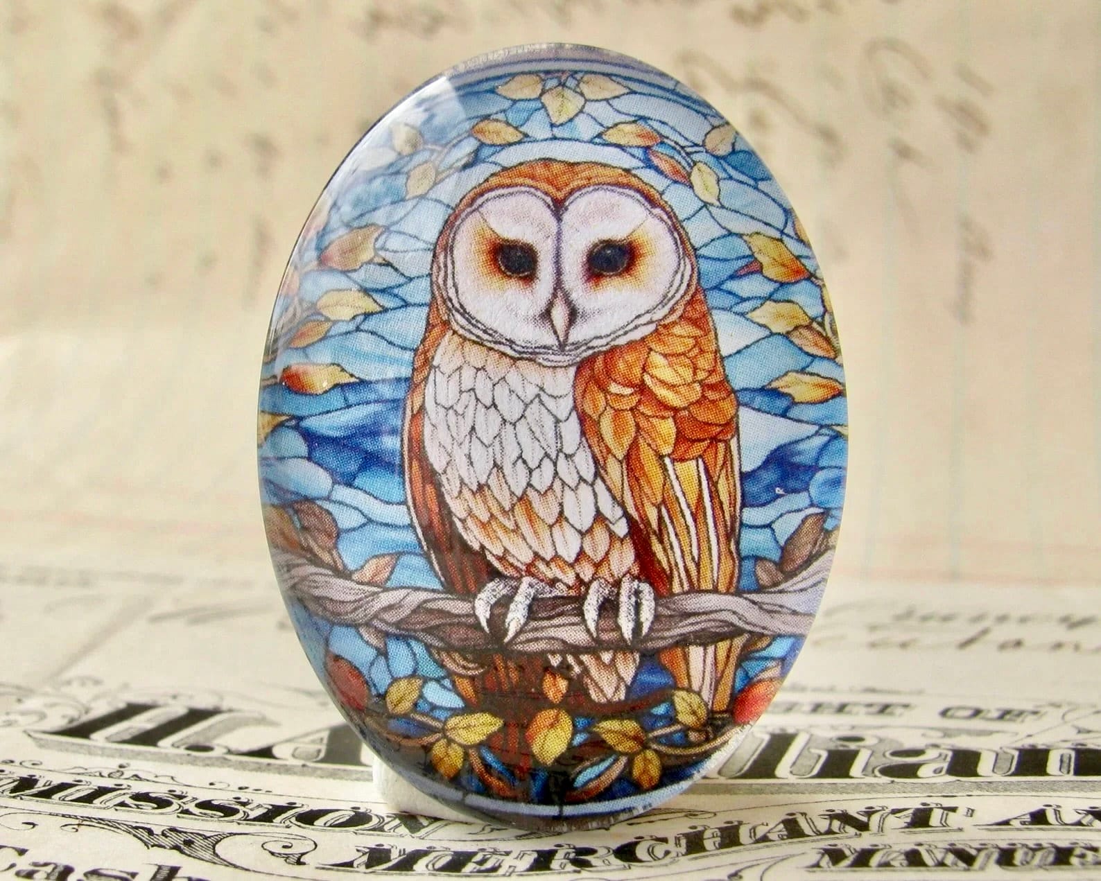 Stained glass Tawny Owl, Barn Owl, 40x30mm or 25x18mm glass oval cabochon, brown, wisdom, handmade i