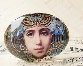 From 1905, handmade glass cabochon "Mask" by Louis Hawkins, 40x30mm oval, horizontal, woman face, blue, swirls, Art Nouveau