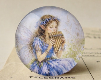 NEW! Meadow fairy playing a pan flute, 25mm round glass cabochon, exclusive image, handmade in this shop, one inch, bottle cap size