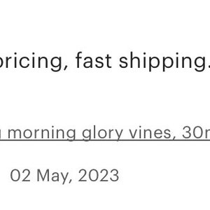 May include: Five star review for a shop selling scrolling morning glory vines, 30mm in size. The review reads "Great quality, good pricing, fast shipping. I highly recommend this shop." The reviewer's username is ArtTeacherHippie and the date of the review is 02 May, 2023.