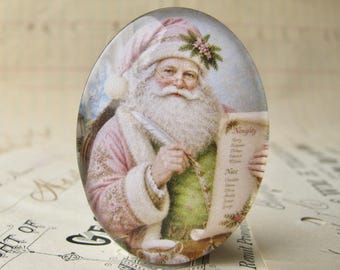 NEW! Pink Victorian Father Christmas, 40x30mm glass oval cabochon, exclusive image, handmade in this shop