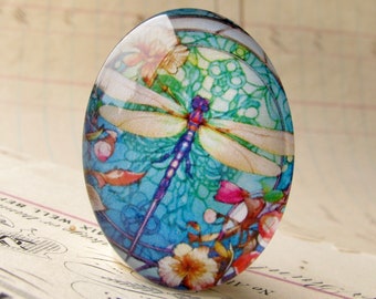 Colorful dragonfly stained glass window, 40x30mm, handmade glass oval cabochon, flowers, insect, bug, garden, wings, winged insect