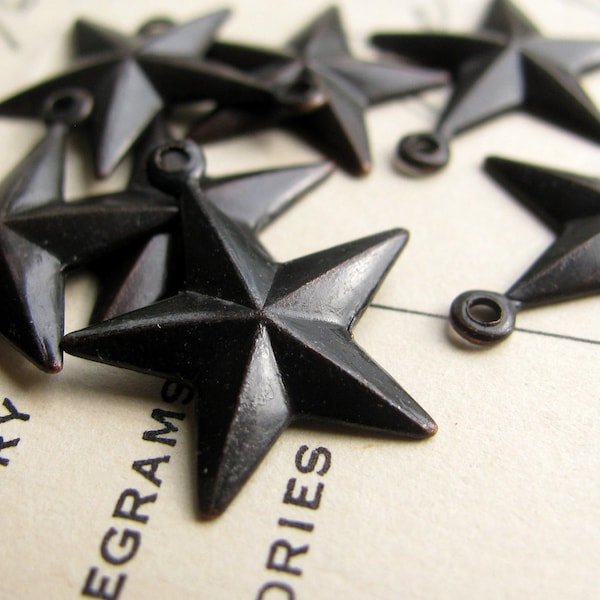 Tattoo style star charms, 18mm, black antiqued brass (6 charms) dark oxidized patina, nautical star charm, boating, water, beach, patriotic