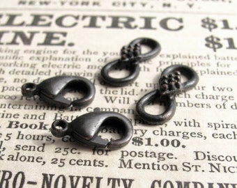 Decorative hook and eye set, 16mm infinity link, 12mm lobster clasp, black patina (2 sets)