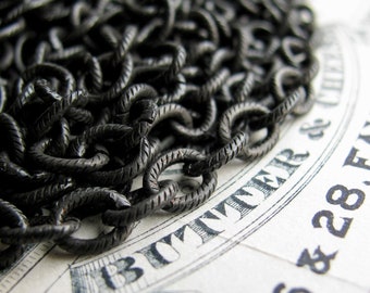 7x6mm oval black brass chain, 18ga etched cable chain, bulk lengths, textured, dark patina (1 foot) (30cm) sold by the foot, made in the USA