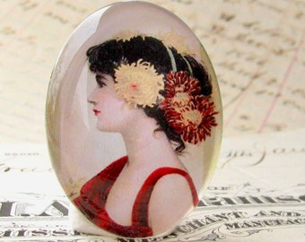 The Chrysanthemum Girl, magazine cover from 1905, 40x30mm glass oval cabochon, flowers in hair handmade, woman profile