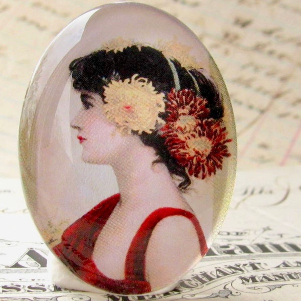 The Chrysanthemum Girl, magazine cover from 1905, 40x30mm glass oval cabochon, flowers in hair handmade, woman profile