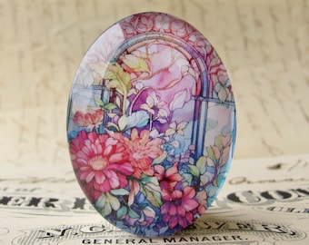 Colorful stained glass window flowers, handmade 40x30mm glass oval cabochon, photo stone, garden, gardening