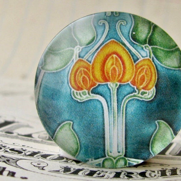 Art Nouveau ceramic tile image under glass, 25mm round cabochon, Jugendstile, handmade, bottle cap, 1 inch circle, yellow flame flower