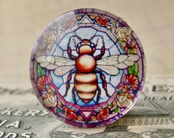 Queen bee stained glass window cabochon, handmade glass, 25mm round, blue yellow black, bottle cap size, one inch