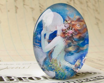 The Mermaid, vintage magazine cover, handmade glass cabochon 40x30mm or 25x18mm oval, blue, woman, hair, fertility, bubble, pearl