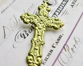 Absinthe green patina cross pendant, large rosary cross, solid brass, artisan crafted, made in the USA