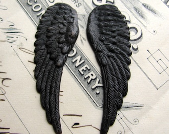 Fallen Angel Brass Wings "Cherubim" 46mm, 2 black angel wings, oxidized patina, aged, antiqued, made in the USA, lead nickel free