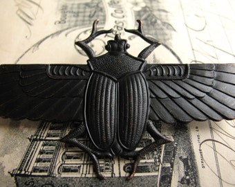 Egyptian scarab beetle with wings, black antiqued brass, 70mm, black patina, Art Deco, giant, large, huge, noir patina