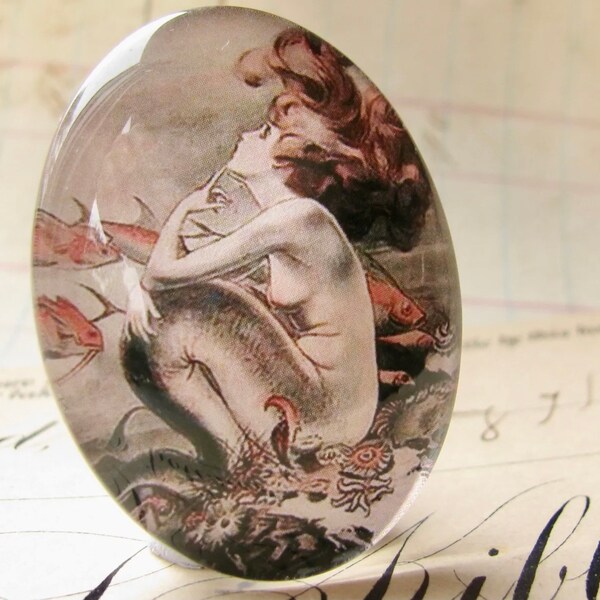 From 1921, mermaid cabochon, handmade glass oval, 40x30mm or 25x18mm, vintage drawing, magazine illustration Magical Maidens