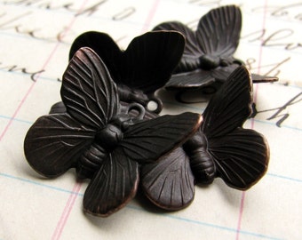 Black butterfly charms, black antiqued brass (4 charms) oxidized patina, upturned wings, lead nickel free, garden insect, made in the USA