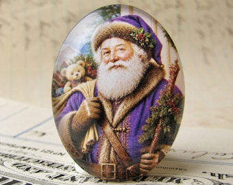 Victorian Father Christmas in a purple coat and hat, 40x30mm glass oval cabochon, exclusive image, handmade in this shop