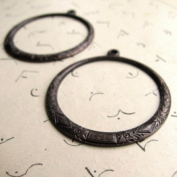 Etched floral hoops, antiqued black brass, 30mm (1 pair) oxidized earring hoops, necklace pendant, textured, dark patina, earring findings