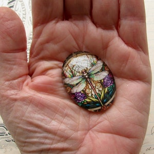 Dark dragonfly stained glass window, 40x30mm, handmade glass oval cabochon, flowers, insect, bug, garden, winged, wings image 3