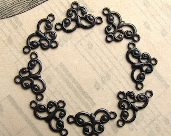 Mini flourish link, 13mm tiny necklace link, dark antiqued brass (8 connectors) aged black patina, butterfly shape, tiny links
