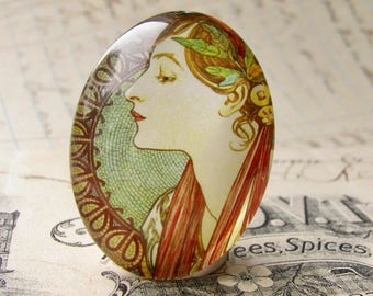 Mucha's "Laurel" print from 1901, Le Laurier, 40x30mm glass oval handmade cabochon, sage green, from my Art Nouveau