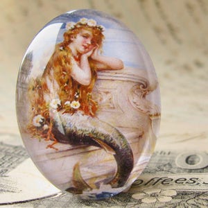 Vintage 1930s ad "Mermaid Bath Salts" illustration, handmade glass oval cabochon 40x30mm or 25x18mm