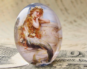 Vintage 1930s ad "Mermaid Bath Salts" illustration, handmade glass oval cabochon 40x30mm or 25x18mm