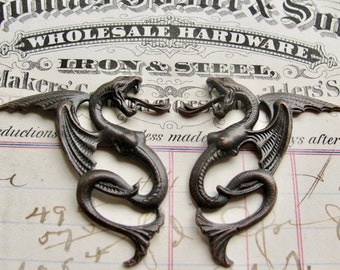 Winged Female Serpent pair, 40mm black antiqued brass, left and right stampings, flying snake woman, dark magic, mythical creature, Chymera