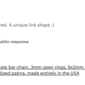 May include: A delicate bar chain featuring 3mm open rings and 9x2mm bars made of textured matte black brass with an oxidized patina. The chain measures 30cm in length and is composed of a series of interconnected metal links in a dark finish.