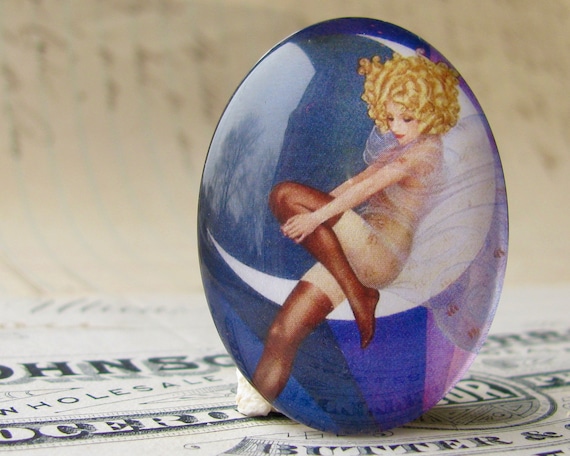 1920s vintage stocking ad, handmade 40x30mm or 25x18mm glass oval cabochon, flapper era, jazz age, Blue Moon, commercial illustration