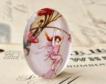 Pink fairy, handmade glass oval cabochon, 25x18mm, playful fairy, children's illustration, photo glass cabochon, flowers