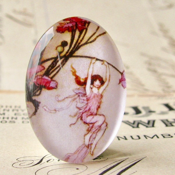 Pink fairy, handmade glass oval cabochon, 25x18mm, playful fairy, children's illustration, photo glass cabochon, flowers