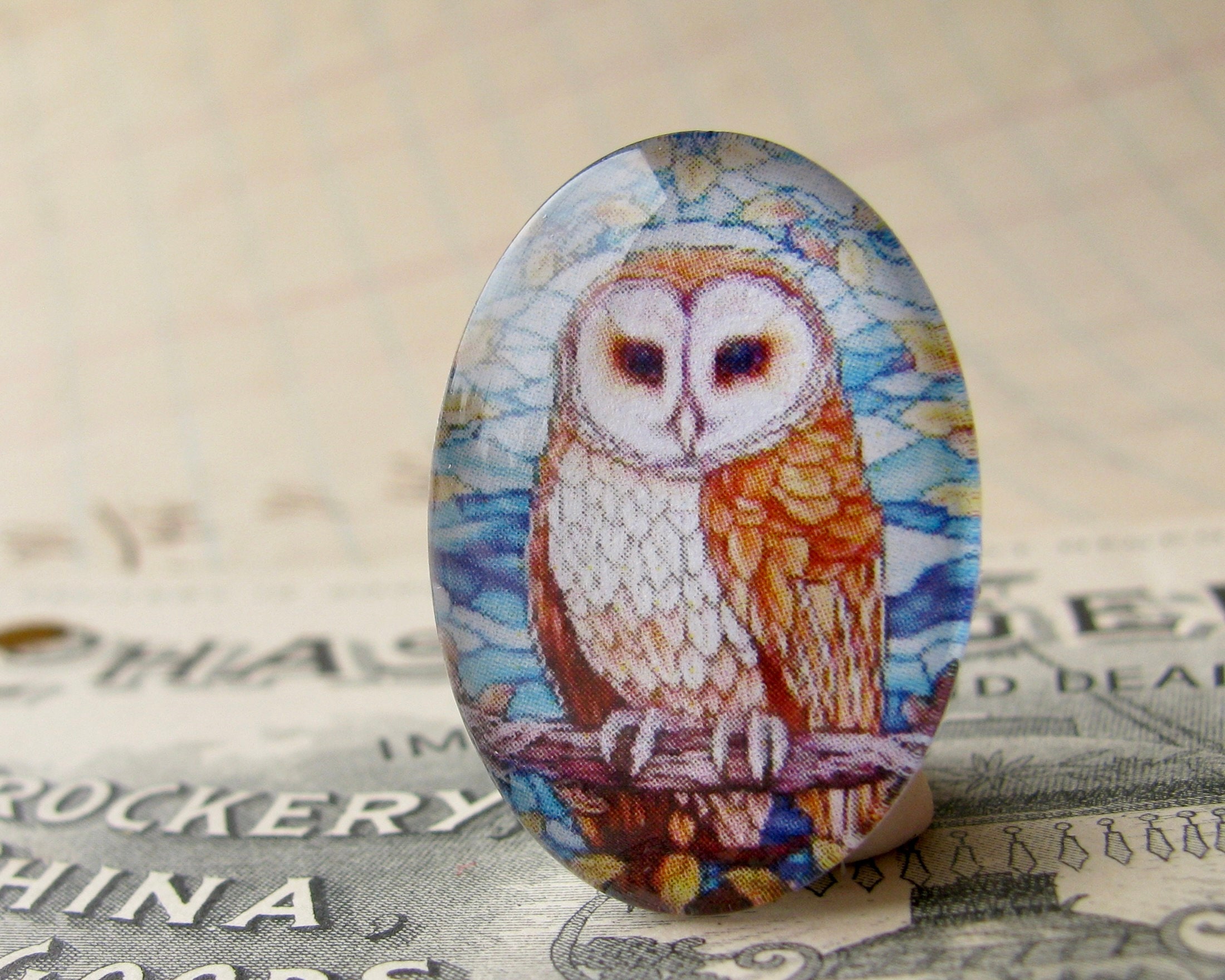 Stained glass Tawny Owl, Barn Owl, 40x30mm or 25x18mm glass oval cabochon, brown, wisdom, handmade i