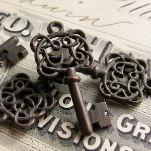 Filigree jewelry box key charms, oxidized black key, black pewter (4 small pendant keys) 28mm skeleton key