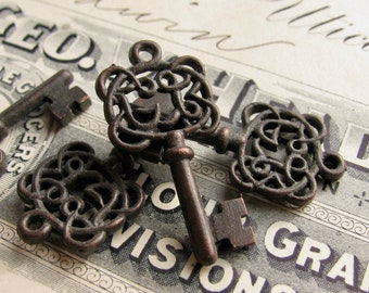 Filigree jewelry box key charms, oxidized black key, black pewter (4 small pendant keys) 28mm skeleton key