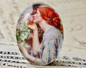 From 1908, John William Waterhouse "The Soul of the Rose" 40x30mm glass oval cabochon, artisan crafted in this shop, fine art, Art History