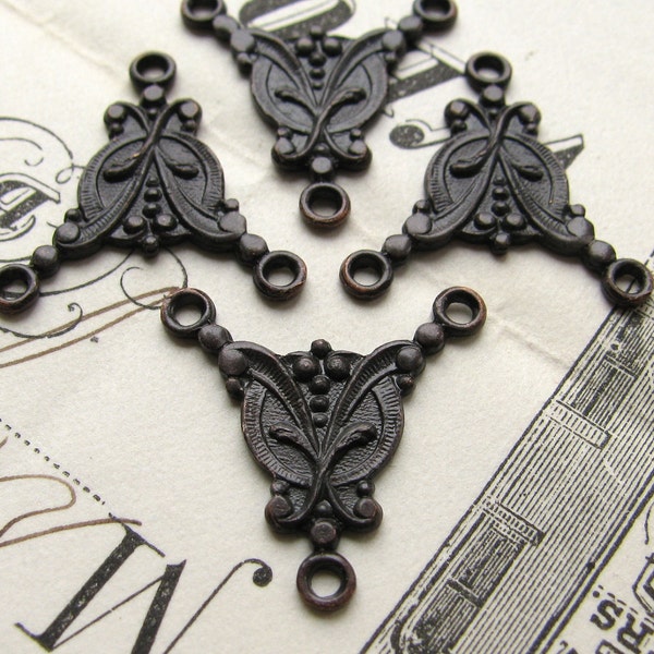 Rosary necklace link, antiqued black brass, 4 links, 18mm Art Nouveau style 3 point triple connector, pendant drop, oxidized patina
