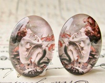 From 1921, mirrored pair of mermaids with koi goldfish, handmade glass oval cabochons, vintage magazine image 25x18mm, opposites