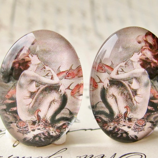 From 1921, mirrored pair of mermaids with koi goldfish, handmade glass oval cabochons, vintage magazine image 25x18mm, opposites