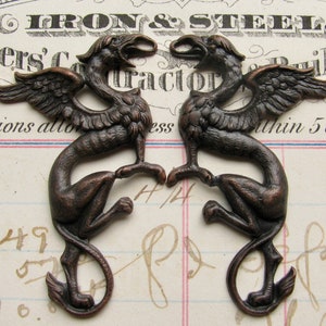 Griffin pair 35mm black antiqued brass links (2 Gothic symbol connectors) dragon ornament, dark magic, mythical mythological creature